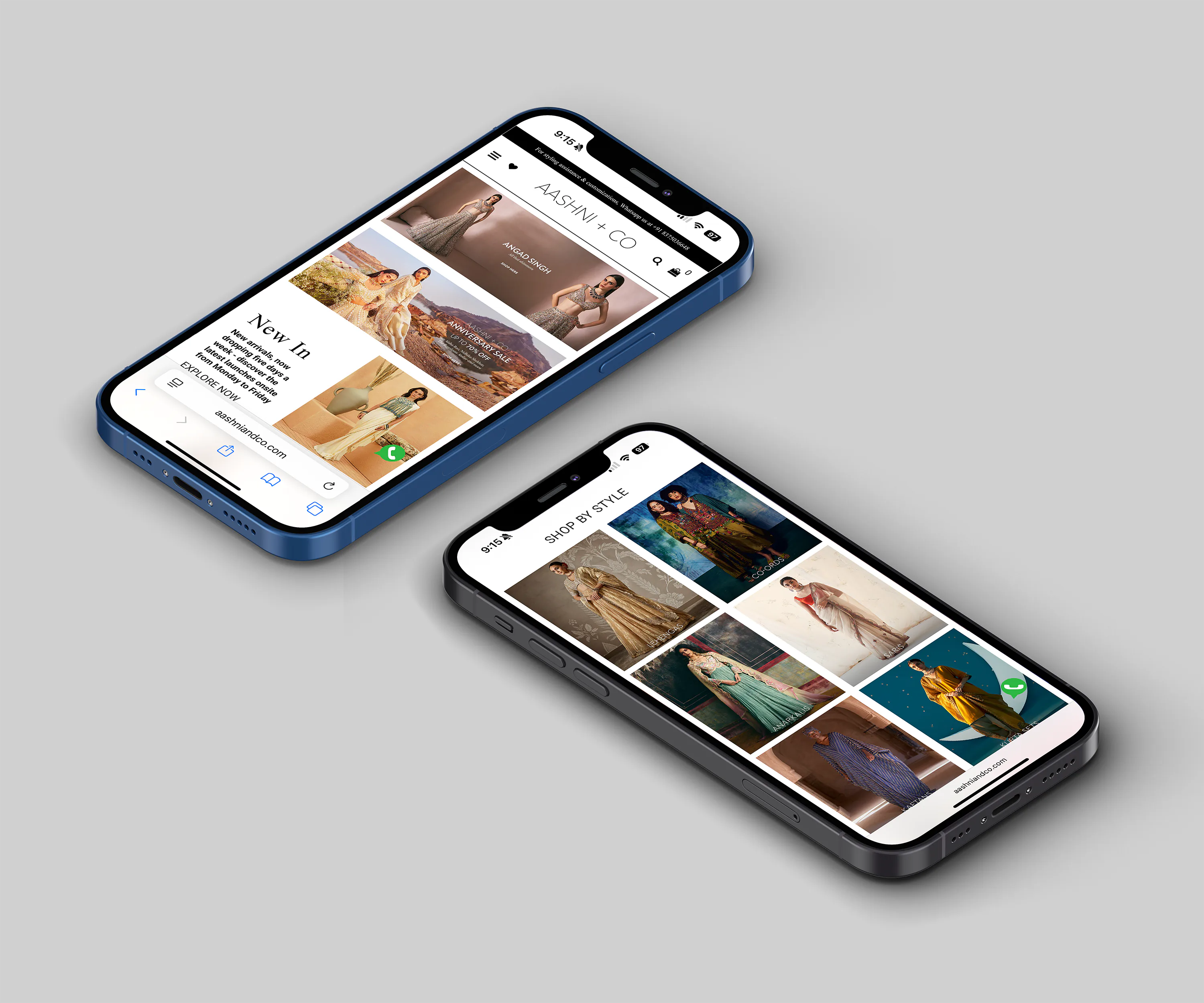 Two phones showing the Aashni + Co mobile shop, a New In grid on each.