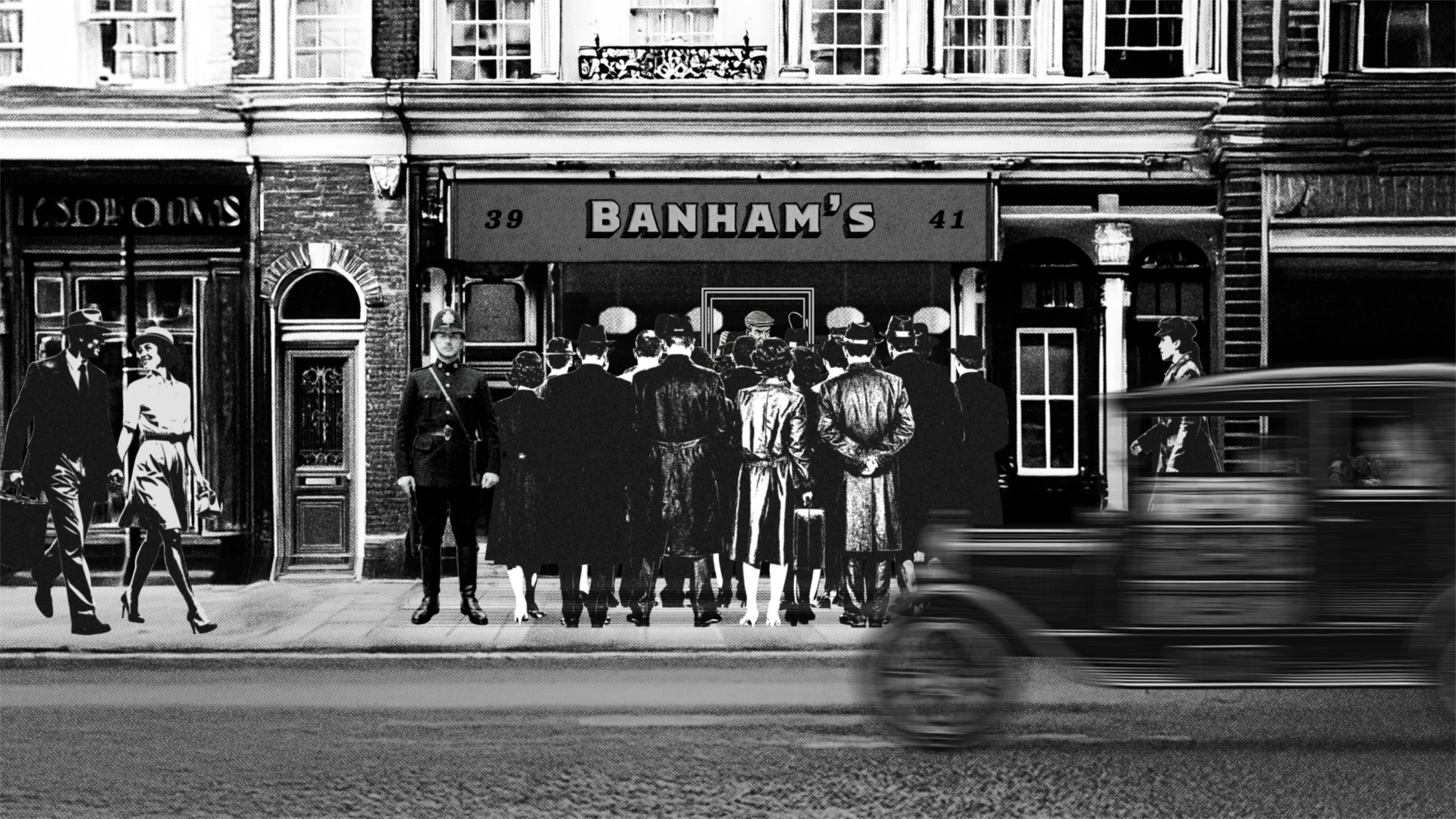A crowd outside the Banham's shopfront at numbers 39 to 41, a car passing in the foreground.