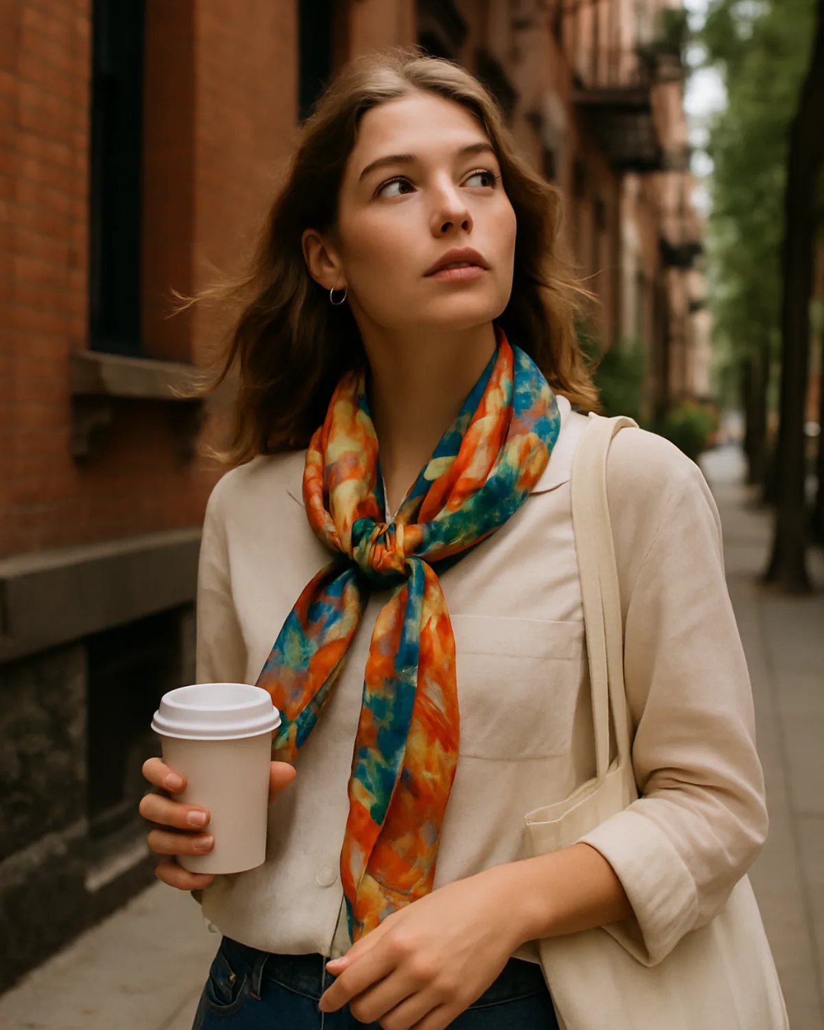 A woman on a New York street in a printed silk scarf, holding a coffee cup.