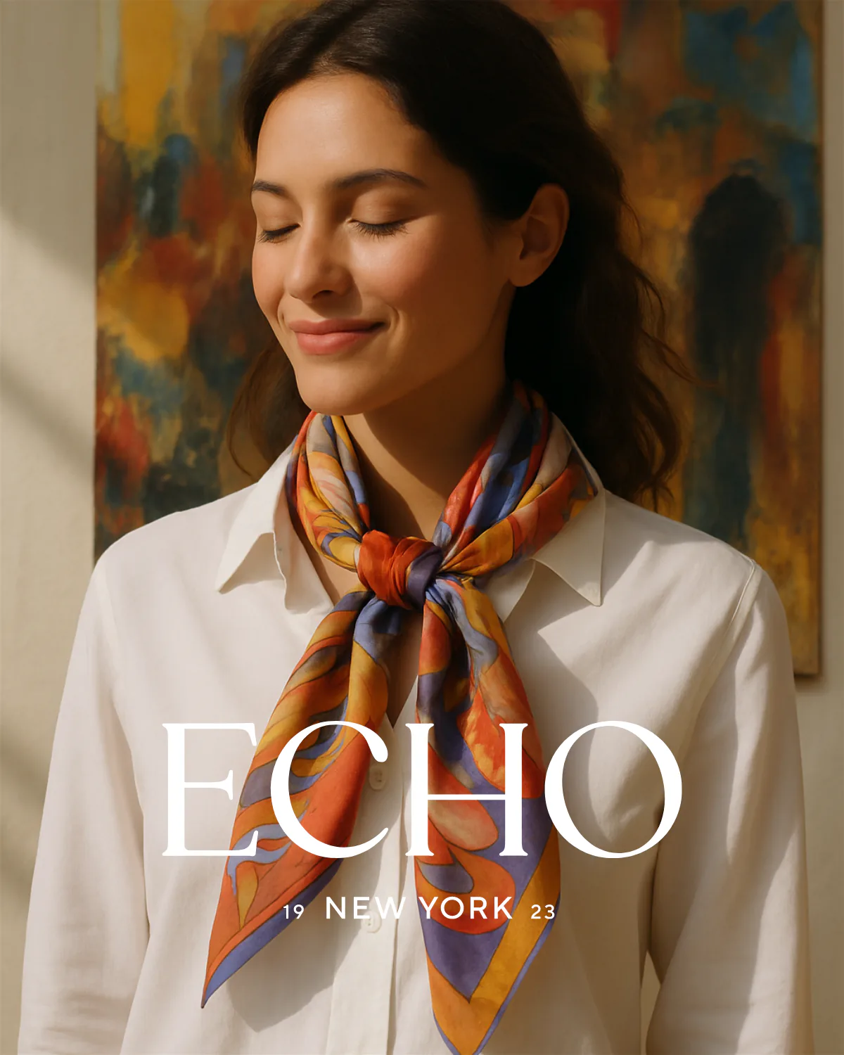 A woman in a cream shirt wearing an orange and blue scarf, a painting behind her.