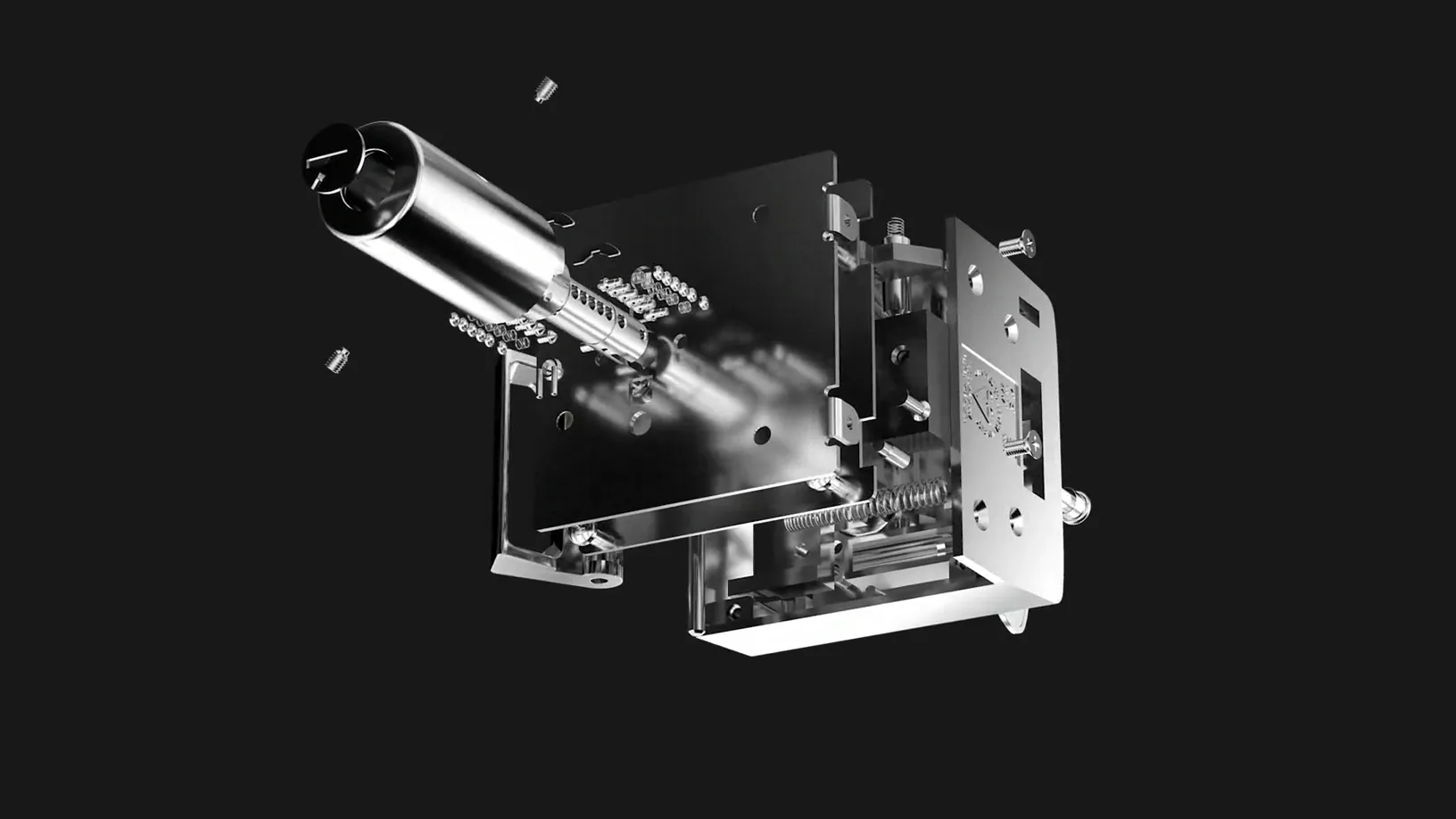 A chrome lock turning on black, its cylinder, case and screws held apart in the air.