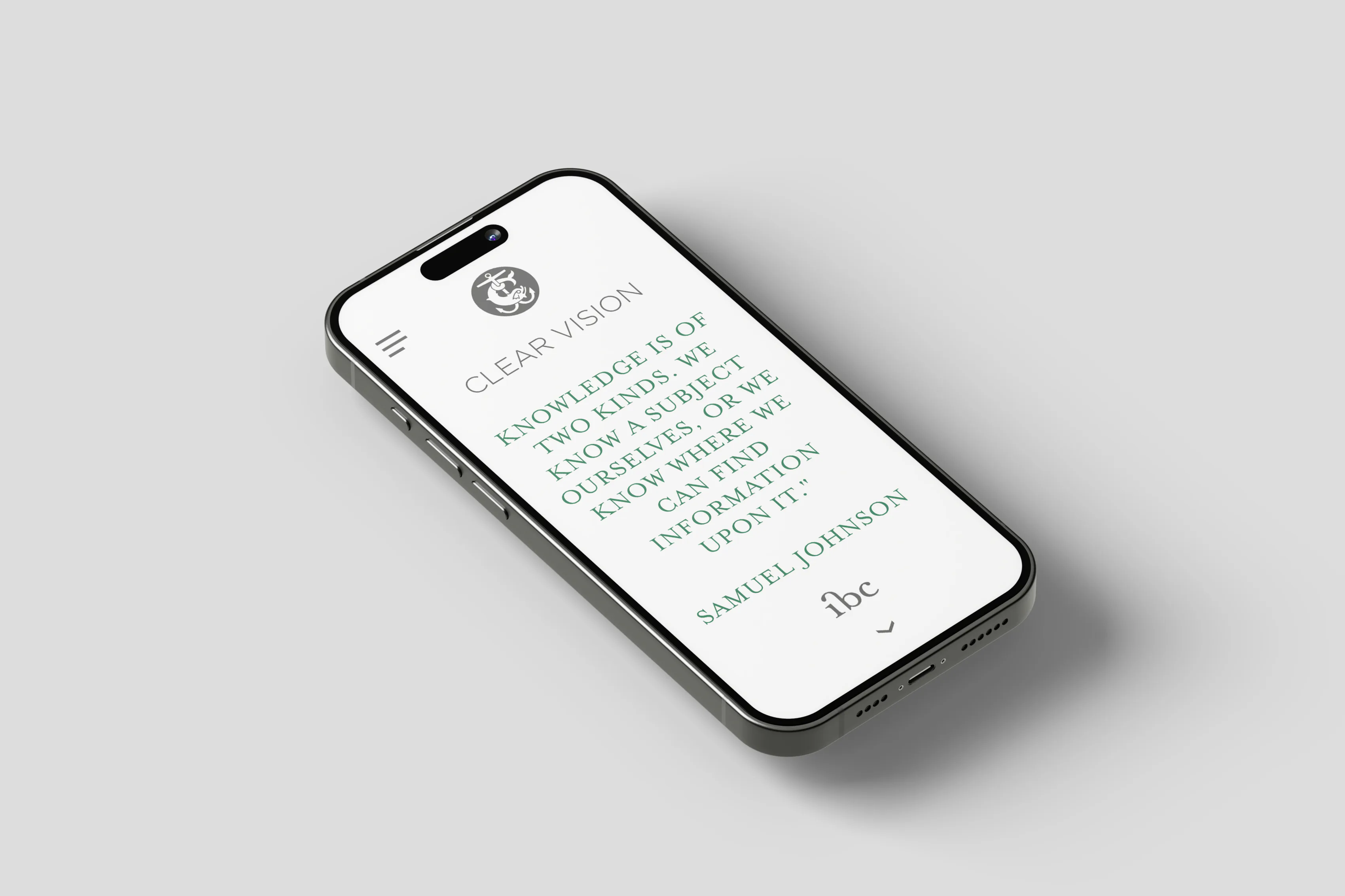 A phone screen carrying a Samuel Johnson quotation under the heading Clear Vision.