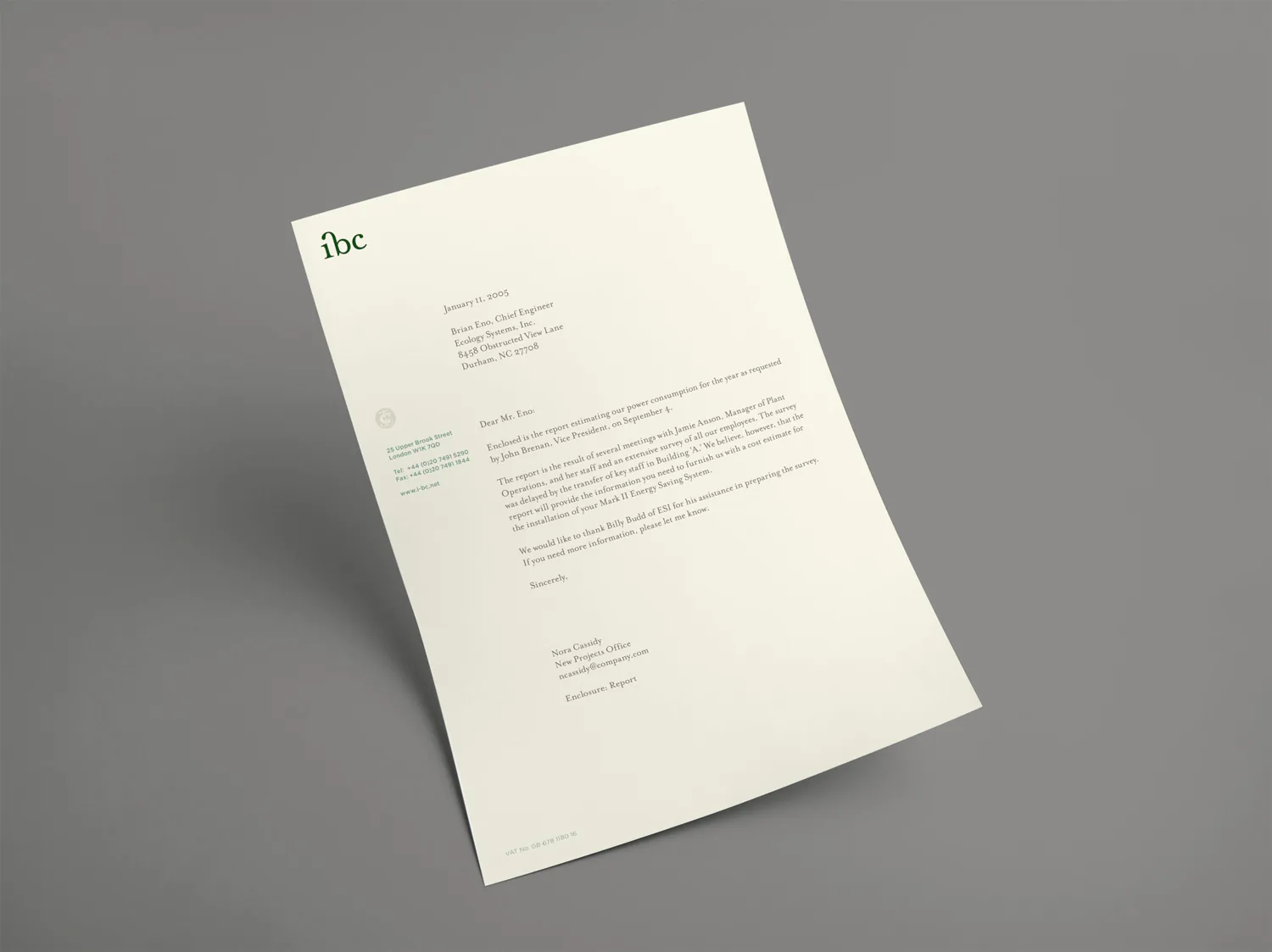 An ibc letterhead on cream paper, lying at an angle.