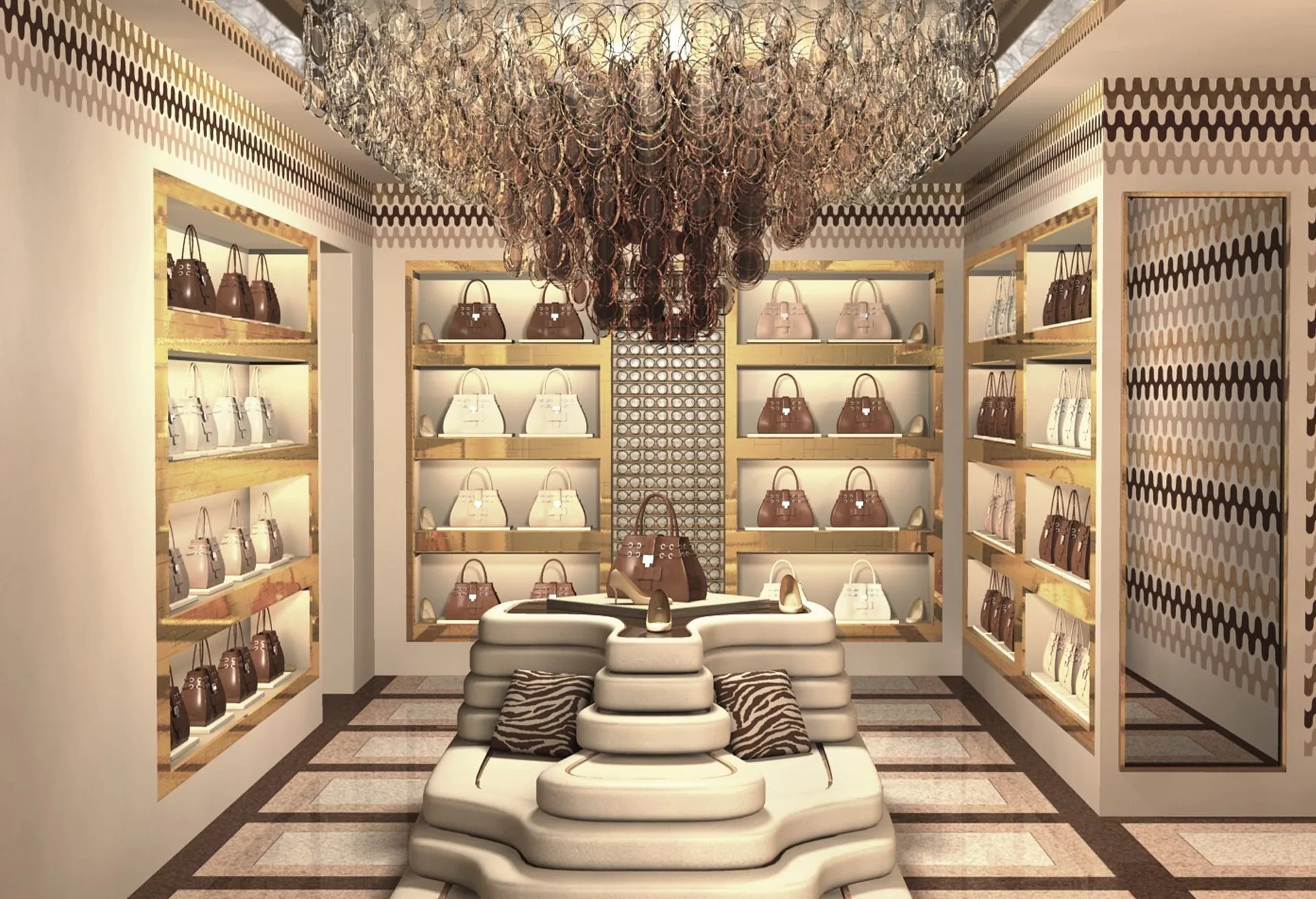 A Jimmy Choo store interior, with handbags on lit shelves.