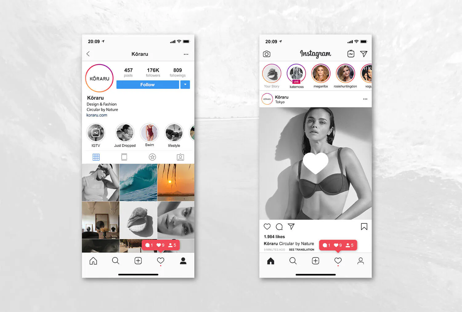 Two phone screens showing the Kōraru Instagram profile and a post.