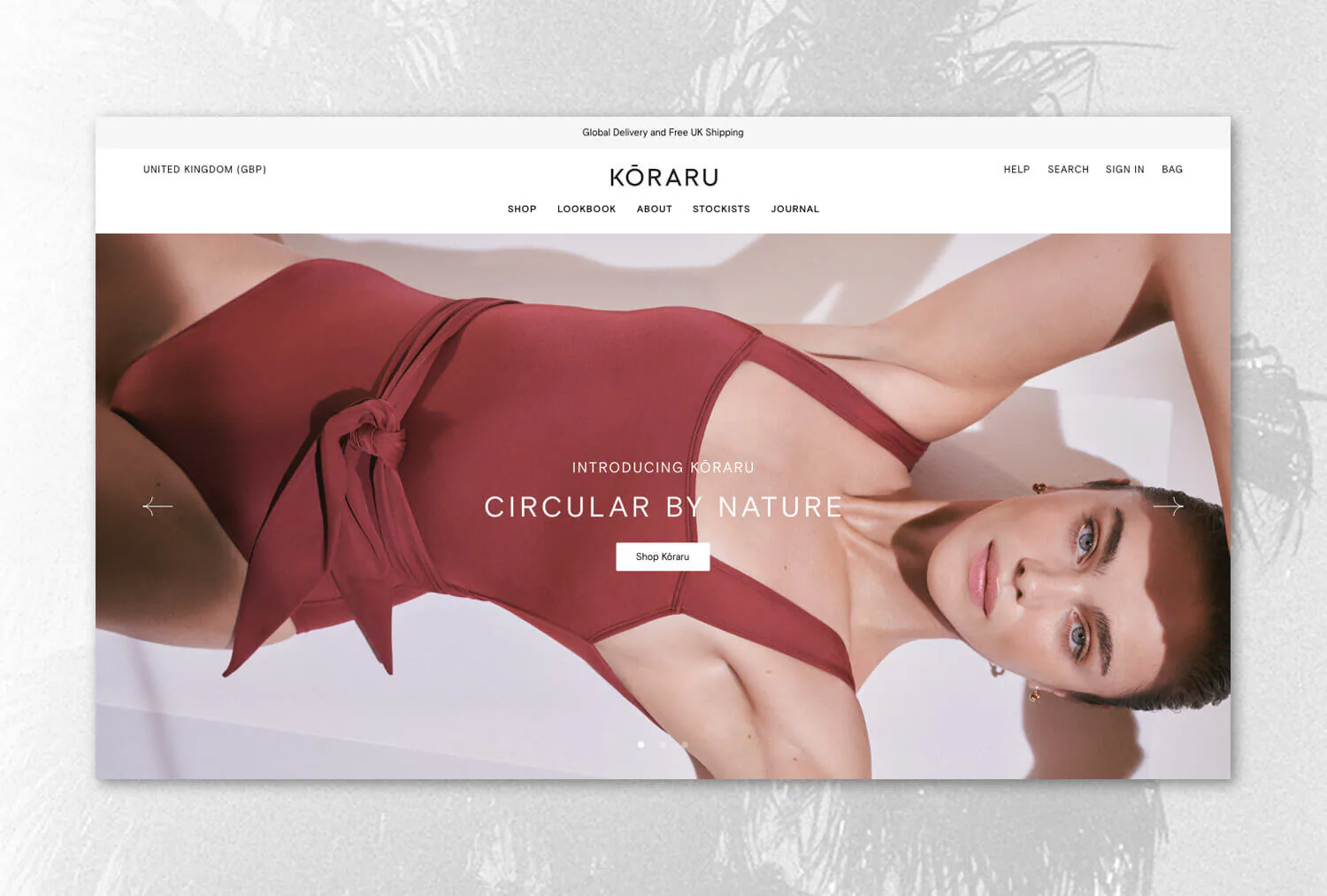 The Kōraru homepage, a model in a red swimsuit under the line Circular by Nature.