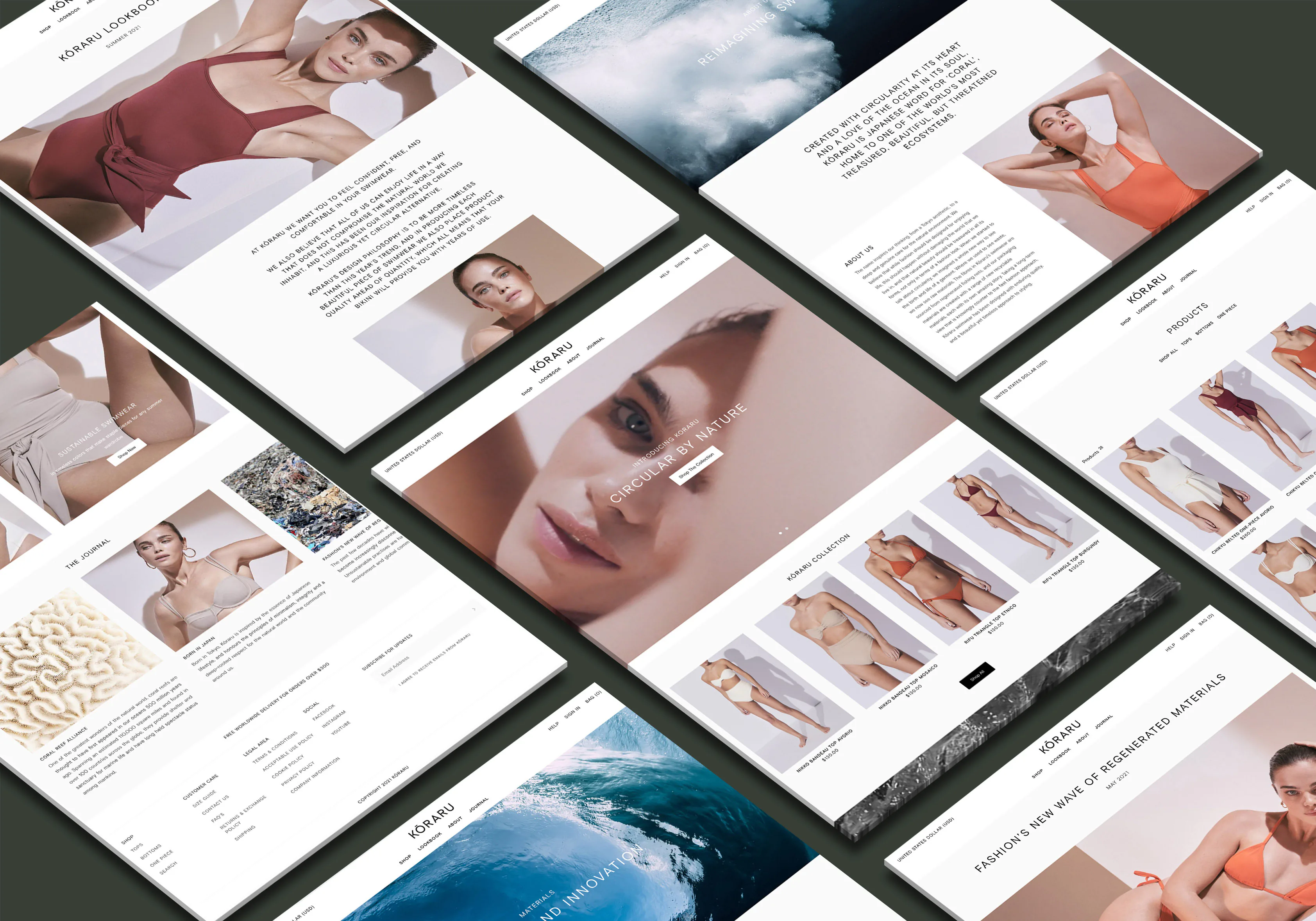 Website pages laid out at an angle across a dark ground.