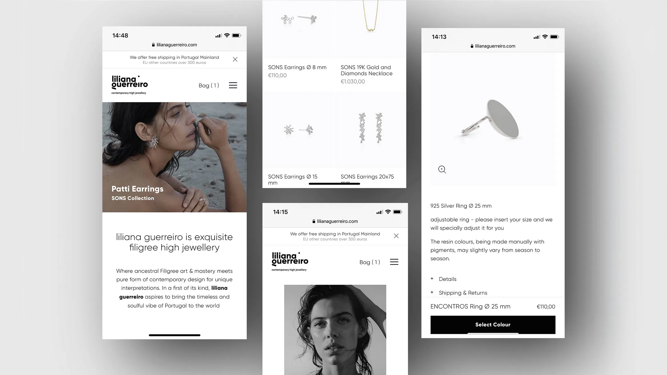 Phone screens of the liliana guerreiro shop, showing the home page, a product grid and a product page.