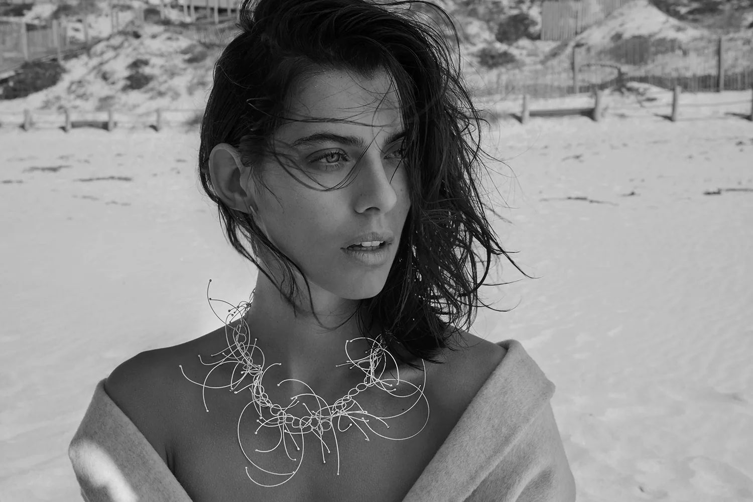 A black and white portrait on a windswept beach, the model wearing a filigree necklace.