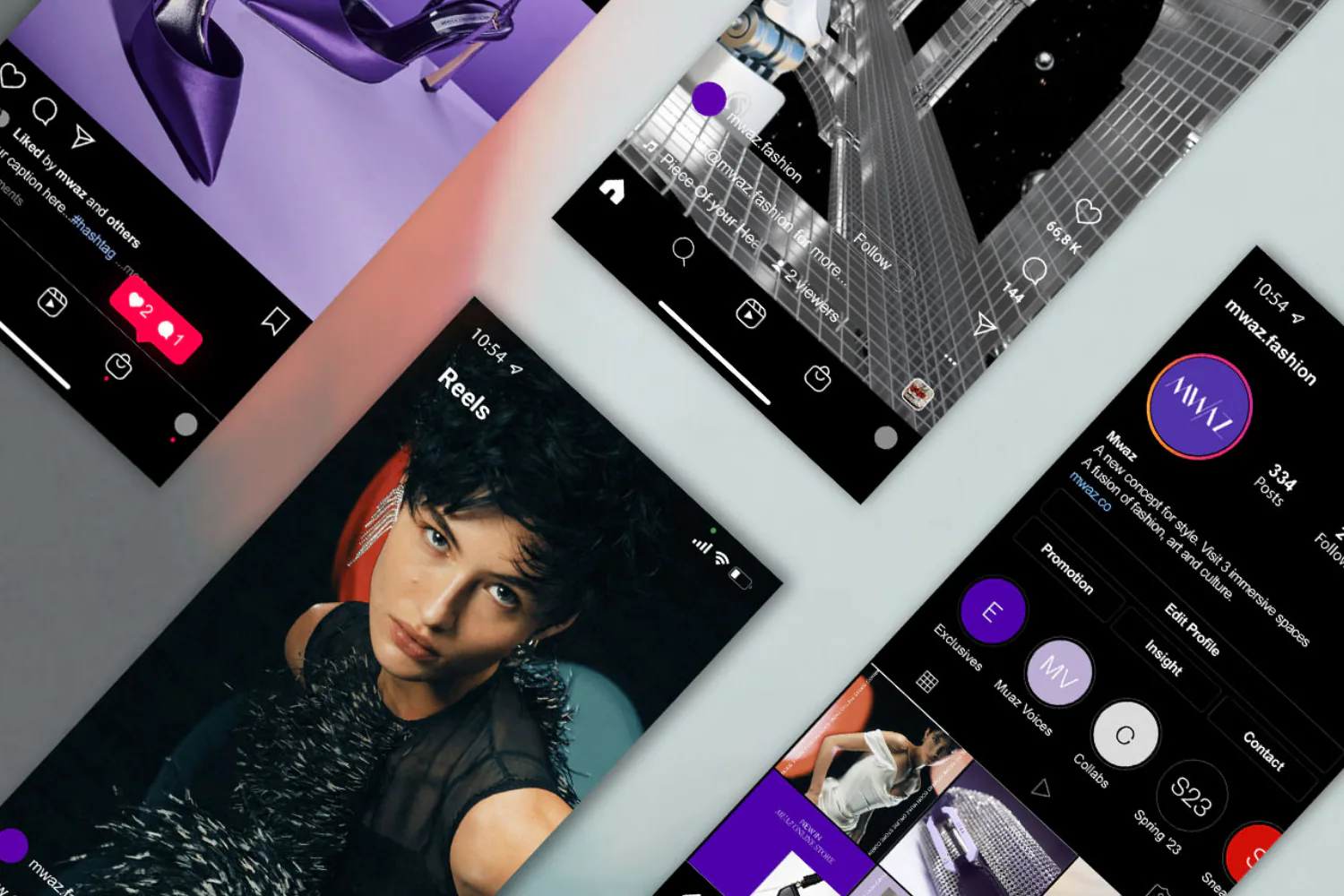 MWAZ social posts and stories laid out across angled phone screens.
