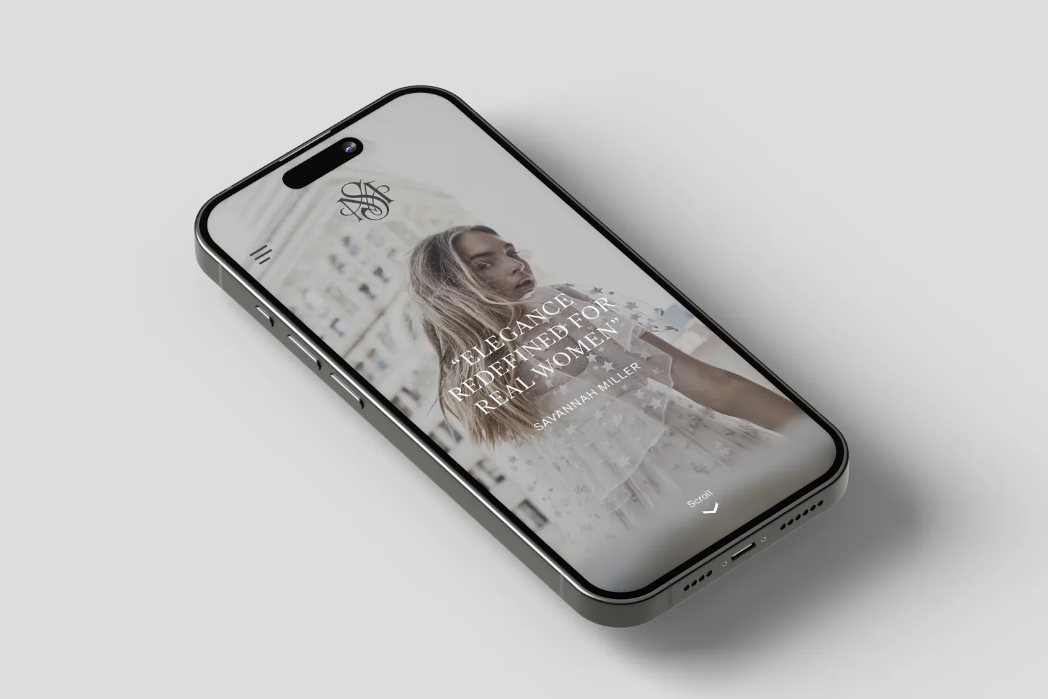 The Savannah Miller mobile site on a phone, reading Elegance redefined for real women.